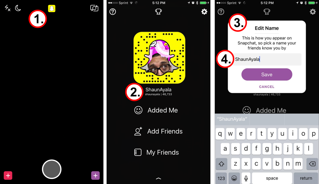 Steps to change your "Appear As" Snapchat name.